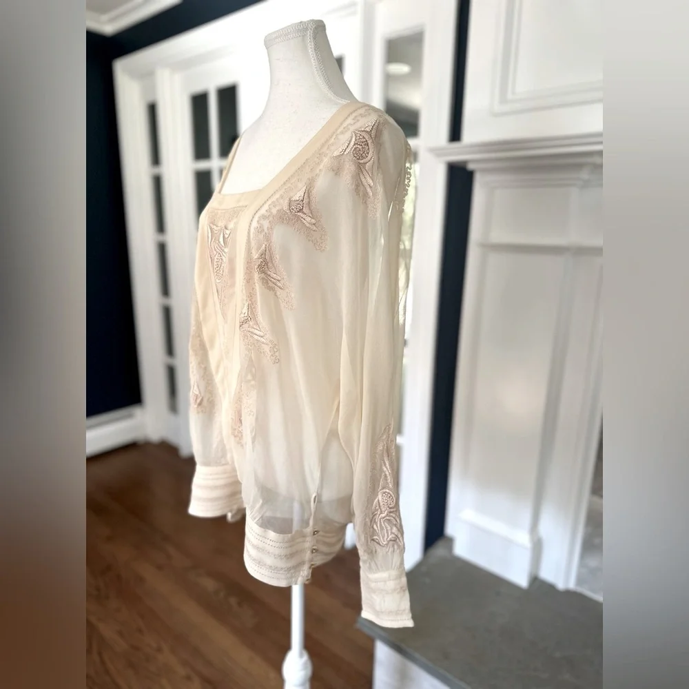 Anthropologie Long Sleeve Embroidered Blouse With Banded Waist, Cream: Size 4